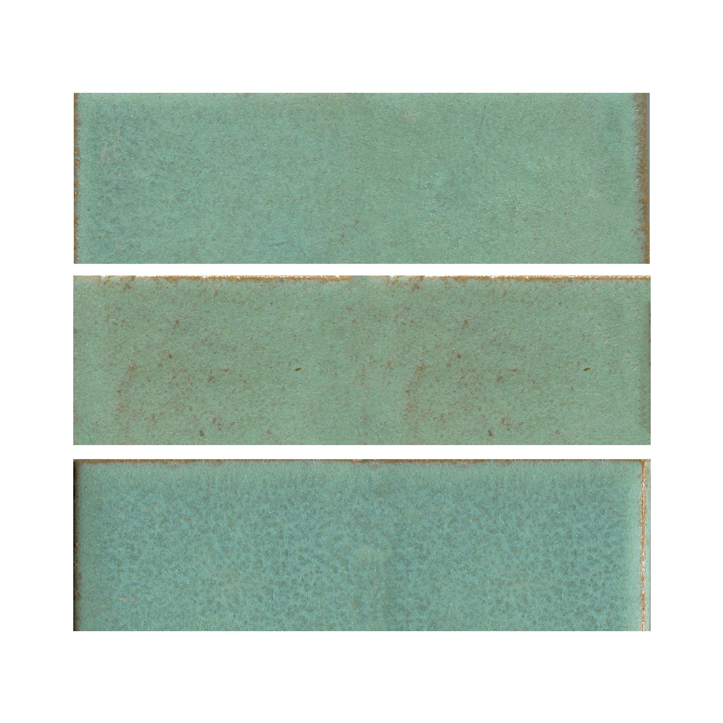 Copper patina 3x8 matte finish, transitioning in color from light green to turquoise.